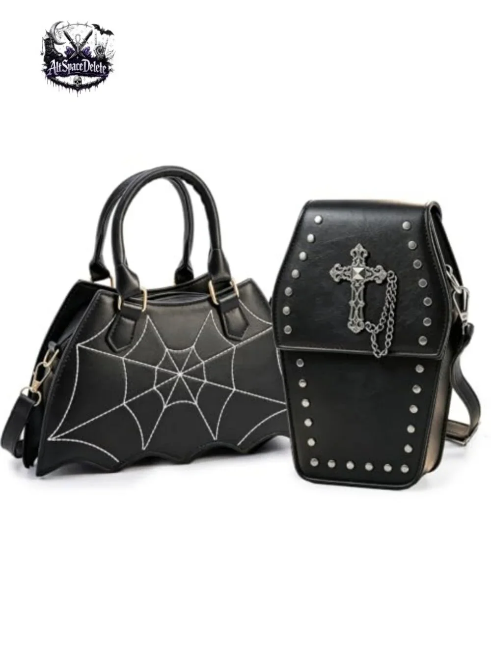 2 Pack Gothic Bat Backpack & Crossbody Purse Set PU Leather Halloween